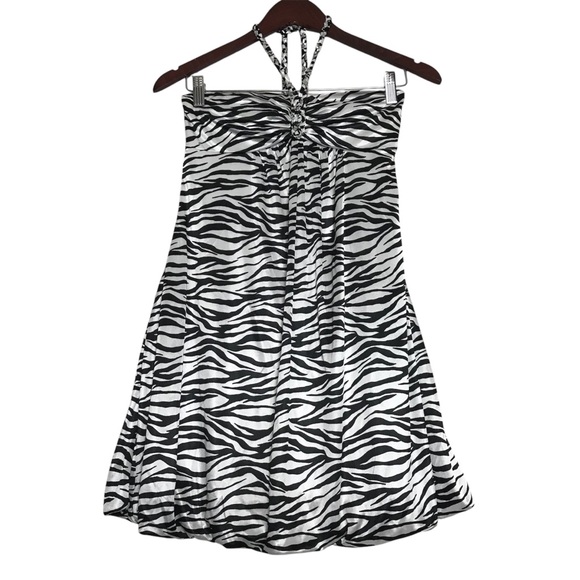 Ruby Rox Y2K Zebra Halter Sequins Strap Poof Hem Babydoll Dress Sz S Prom HOCO - Picture 1 of 10
